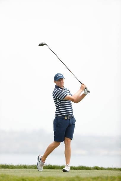 Matt Fitzpatrick of England plays his shot from the fourth tee during a practice round prior to the start of the 2021 U.S. Open at Torrey Pines Golf...