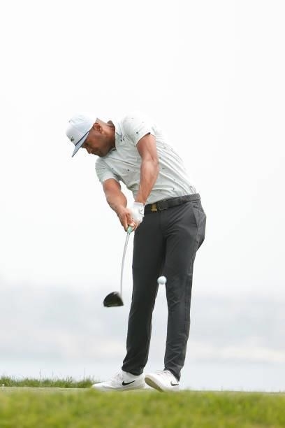 Tony Finau of the United States plays his shot from the fourth tee during a practice round prior to the start of the 2021 U.S. Open at Torrey Pines...