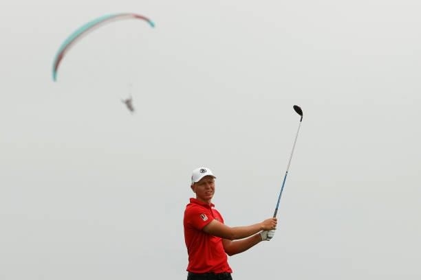 Amateur Matthias Schmid of Germany plays his shot from the fourth tee during a practice round prior to the start of the 2021 U.S. Open at Torrey...