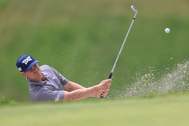 Kyle Westmoreland of the United States plays a shot from a bunker on the 12th hole during a practice round prior to the start of the 2021 U.S. Open...