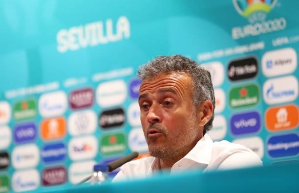 In this Handout picture provided by UEFA Luis Enrique, Head Coach of Spain talks during the Spain Press Conference after the UEFA Euro 2020...