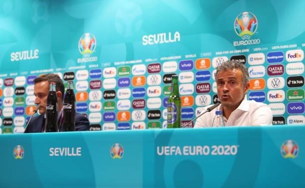 In this Handout picture provided by UEFA Luis Enrique, Head Coach of Spain talks during the Spain Press Conference after the UEFA Euro 2020...