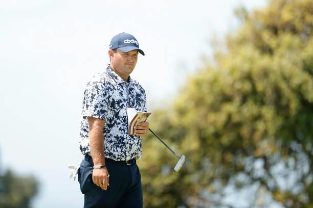 Patrick Reed of the United States looks on from the second hole during a practice round prior to the start of the 2021 U.S. Open at Torrey Pines Golf...
