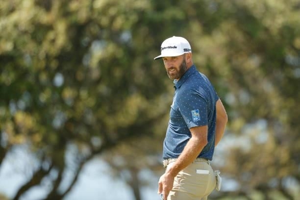 Dustin Johnson of the United States looks on from the second hole during a practice round prior to the start of the 2021 U.S. Open at Torrey Pines...