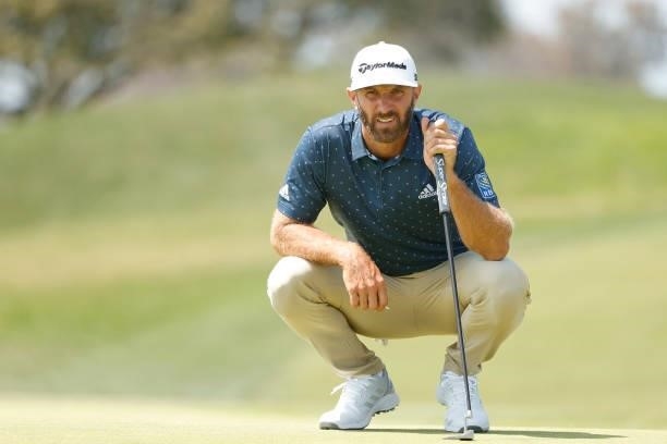 Dustin Johnson of the United States looks on from the second hole during a practice round prior to the start of the 2021 U.S. Open at Torrey Pines...