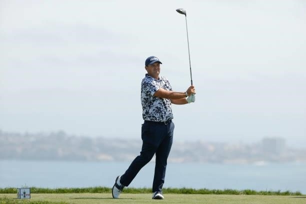 Patrick Reed of the United States plays his shot from the fourth tee during a practice round prior to the start of the 2021 U.S. Open at Torrey Pines...