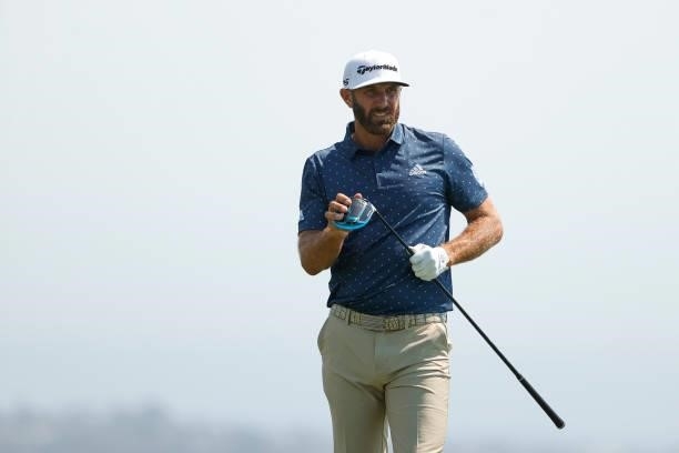 Dustin Johnson of the United States looks on from the fourth tee during a practice round prior to the start of the 2021 U.S. Open at Torrey Pines...