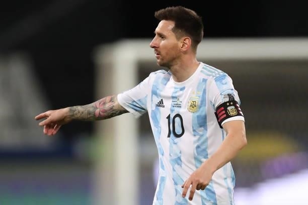 Lionel Messi of Argentina gestures during a Group A match between Argentina and Chile at Estadio Olímpico Nilton Santos as part of Copa America...