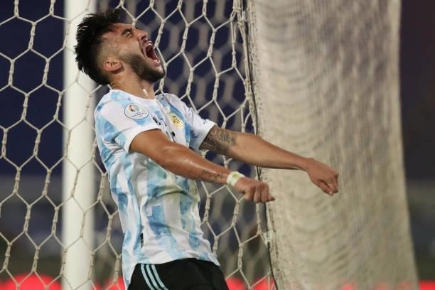Nicolás Gonzalez of Argentina reacts after missing a chance of goal during a Group A match between Argentina and Chile at Estadio Olímpico Nilton...