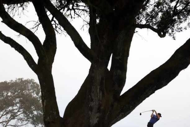 Jordan Spieth of the United States plays his shot from the sixth tee prior to the start of the 2021 U.S. Open at Torrey Pines Golf Course on June 14,...
