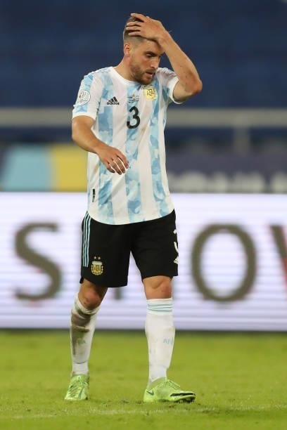 Nicolas Tagliafico of Argentina gestures during a Group A match between Argentina and Chile at Estadio Olímpico Nilton Santos as part of Copa America...