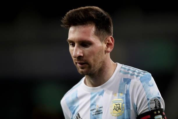 Lionel Messi of Argentina looks on during a Group A match between Argentina and Chile at Estadio Olímpico Nilton Santos as part of Copa America...