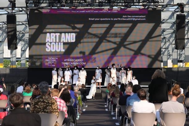 Members of The Resistance Revival Chorus perform onstage at Art & Soul Shorts during the 2021 Tribeca Festival at Pier 76 on June 14, 2021 in New...