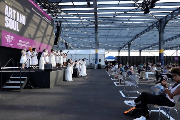 Members of The Resistance Revival Chorus perform onstage at Art & Soul Shorts during the 2021 Tribeca Festival at Pier 76 on June 14, 2021 in New...