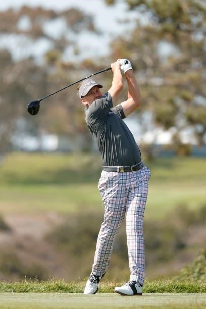 Ian Poulter of England plays his shot from the fifth tee during a practice round prior to the start of the 2021 U.S. Open at Torrey Pines Golf Course...