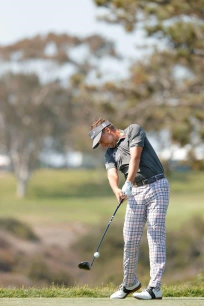Ian Poulter of England plays his shot from the fifth tee during a practice round prior to the start of the 2021 U.S. Open at Torrey Pines Golf Course...