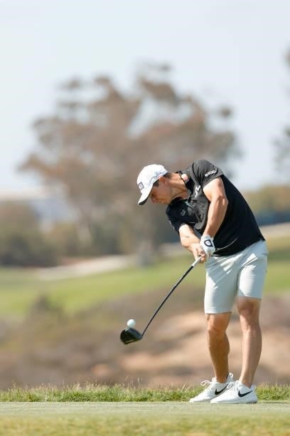 Viktor Hovland of Norway plays his shot from the fifth tee during a practice round prior to the start of the 2021 U.S. Open at Torrey Pines Golf...