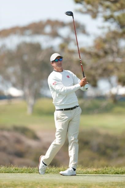 Adam Scott of Australia plays his shot from the fifth tee during a practice round prior to the start of the 2021 U.S. Open at Torrey Pines Golf...