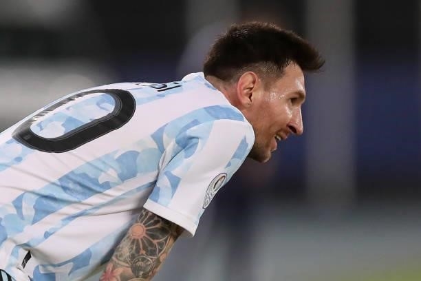 Lionel Messi of Argentina looks on during a Group A match between Argentina and Chile at Estadio Olímpico Nilton Santos as part of Copa America...