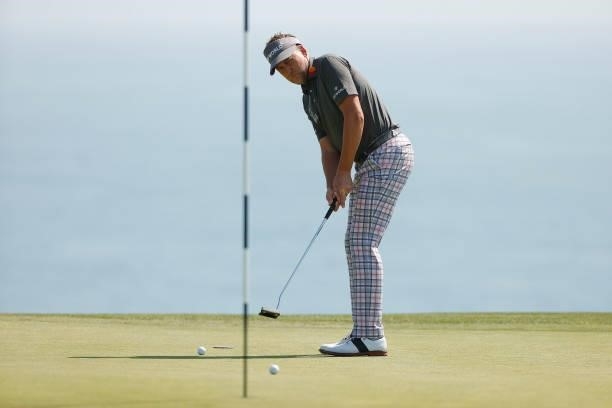 Ian Poulter of England putts during a practice round prior to the start of the 2021 U.S. Open at Torrey Pines Golf Course on June 14, 2021 in San...