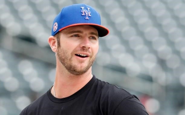 Pete Alonso of the New York Mets looks on during batting practice prior to a game against the San Diego Padres at Citi Field on June 11, 2021 in New...