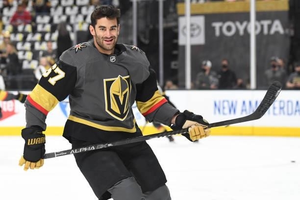 Max Pacioretty of the Vegas Golden Knights warms up prior to Game One of the Stanley Cup Semifinals against the Montreal Canadiens at T-Mobile Arena...