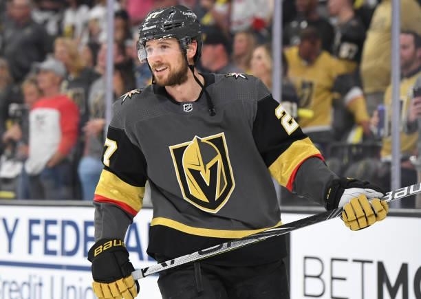 Shea Theodore of the Vegas Golden Knights warms up prior to Game One of the Stanley Cup Semifinals against the Montreal Canadiens at T-Mobile Arena...