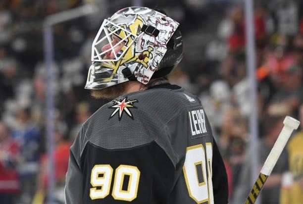 Robin Lehner of the Vegas Golden Knights warms up prior to Game One of the Stanley Cup Semifinals against the Montreal Canadiens at T-Mobile Arena on...