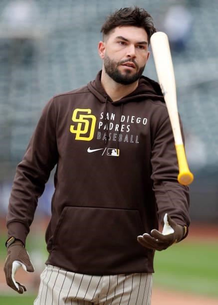 Eric Hosmer of the San Diego Padres looks on during batting practice prior to a game against the New York Mets at Citi Field on June 11, 2021 in New...