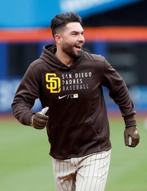 Eric Hosmer of the San Diego Padres looks on during batting practice prior to a game against the New York Mets at Citi Field on June 11, 2021 in New...