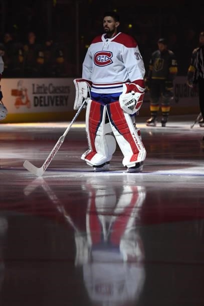 Carey Price of the Montreal Canadiens stands for the national anthems prior to Game One of the Stanley Cup Semifinals against the Vegas Golden...