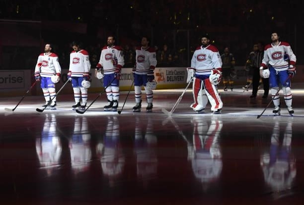 The Montreal Canadiens stand for the national anthems prior to Game One of the Stanley Cup Semifinals against the Vegas Golden Knights at T-Mobile...