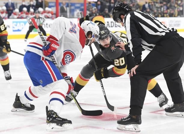 Chandler Stephenson of the Vegas Golden Knights faces off with Phillip Danault of the Montreal Canadiens during the first period in Game One of the...
