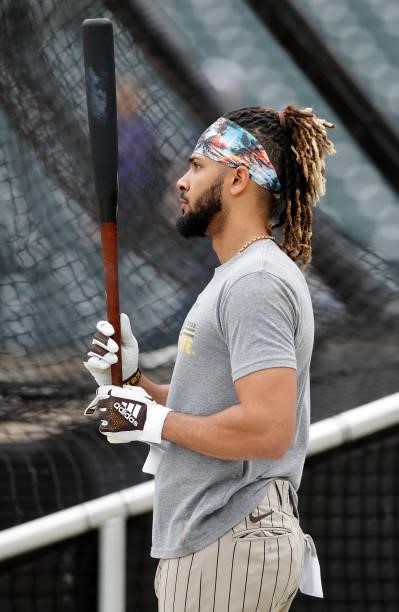 Fernando Tatis Jr. #23 of the San Diego Padres looks on during batting practice prior to a game against the New York Mets at Citi Field on June 11,...