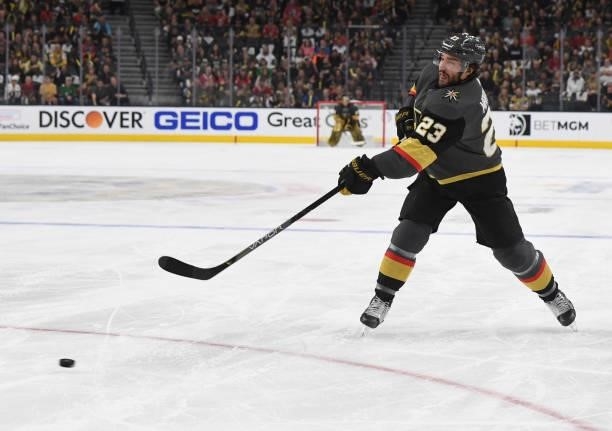 Alec Martinez of the Vegas Golden Knights shoots the puck during the first period against the Montreal Canadiens in Game One of the Stanley Cup...