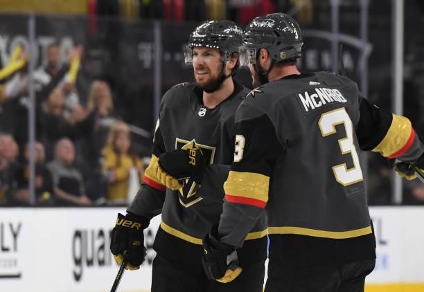 Shea Theodore of the Vegas Golden Knights celebrates after scoring a goal during the first period against the Montreal Canadiens in Game One of the...