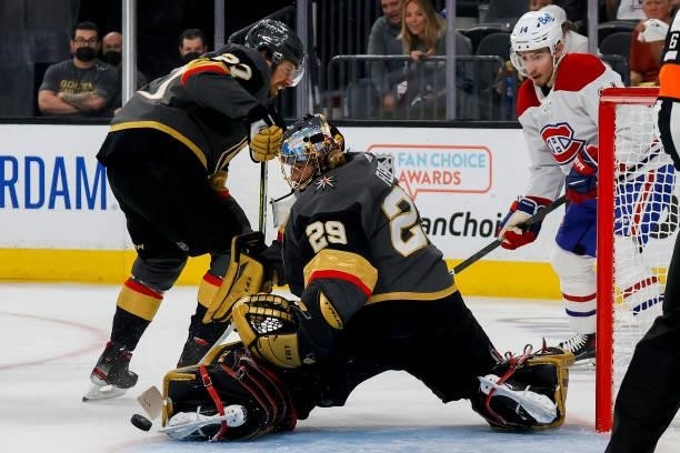 Marc-Andre Fleury of the Vegas Golden Knights makes the save against the Montreal Canadiens during the first period in Game One of the Stanley Cup...