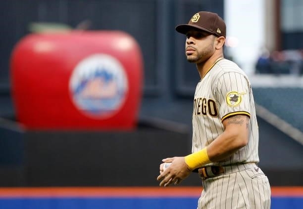 Tommy Pham of the San Diego Padres prepares for a game against the New York Mets at Citi Field on June 11, 2021 in New York City. The Mets defeated...