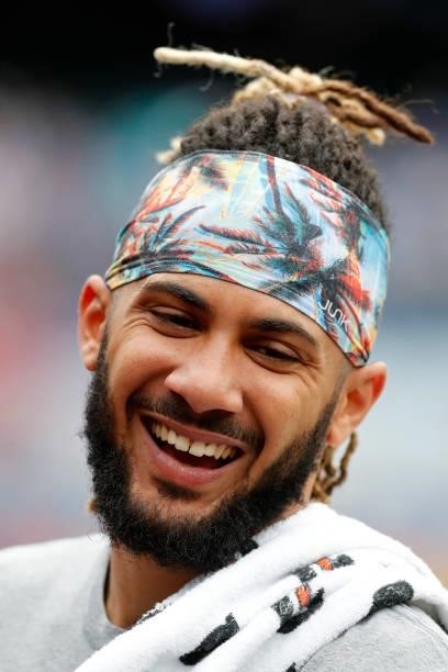 Fernando Tatis Jr. #23 of the San Diego Padres has a laugh before a game against the New York Mets at Citi Field on June 11, 2021 in New York City....
