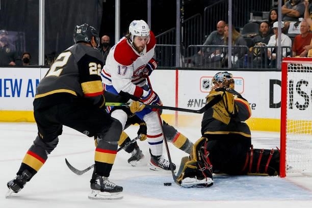 Josh Anderson of the Montreal Canadiens attempts a shot against Marc-Andre Fleury of the Vegas Golden Knights during the first period in Game One of...