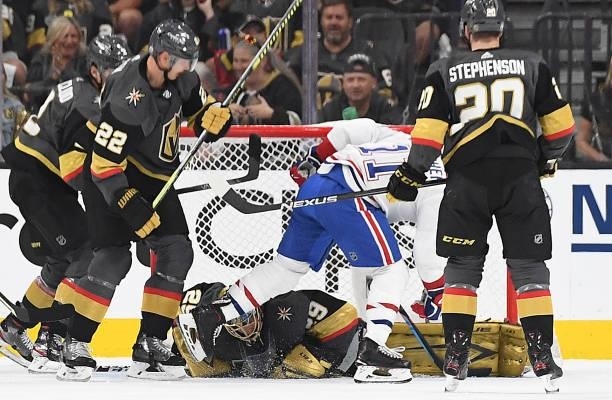 Marc-Andre Fleury of the Vegas Golden Knights makes a save during the first period against the Montreal Canadiens in Game One of the Stanley Cup...