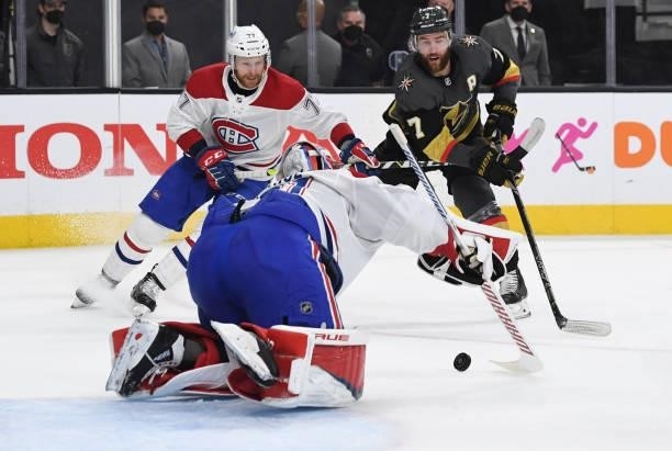 Carey Price of the Montreal Canadiens makes a save during the first period against the Vegas Golden Knights in Game One of the Stanley Cup Semifinals...