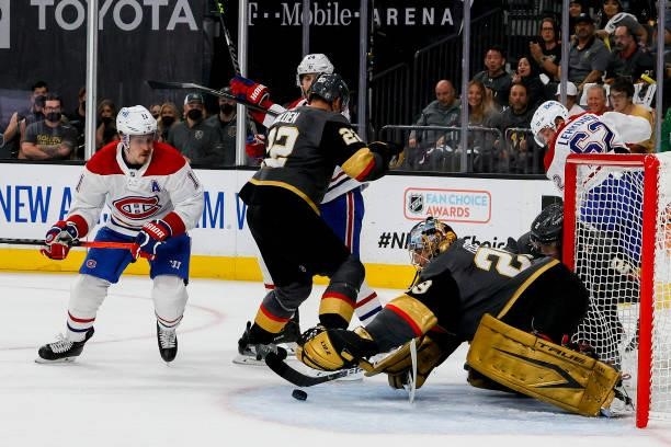 Marc-Andre Fleury of the Vegas Golden Knights makes the save against Brendan Gallagher of the Montreal Canadiens during the first period in Game One...