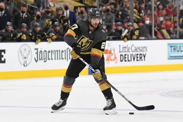 Shea Theodore of the Vegas Golden Knights skates during the first period against the Montreal Canadiens in Game One of the Stanley Cup Semifinals at...