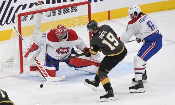 Carey Price of the Montreal Canadiens stops a shot by Reilly Smith of the Vegas Golden Knights during the first period in Game One of the Stanley Cup...