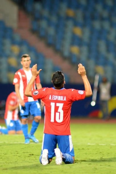 Alberto Espinola of Paraguay celebrates after winning a Group A match between Paraguay and Bolivia at Estádio Olímpico as part of Copa America Brazil...