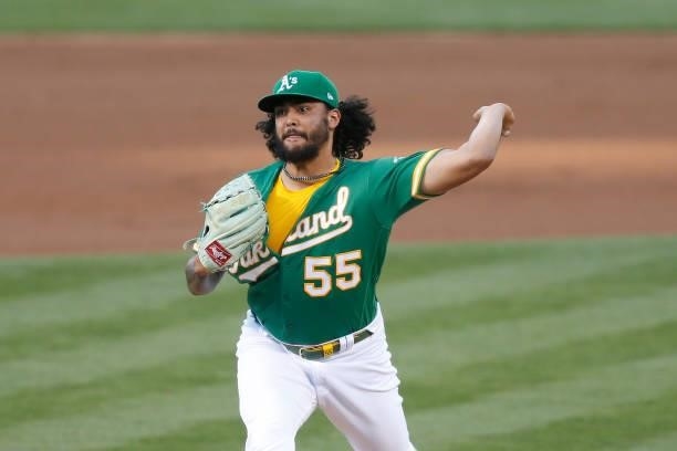 Sean Manaea of the Oakland Athletics pitches in the top of the second inning against the Los Angeles Angels at RingCentral Coliseum on June 14, 2021...