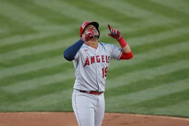 Juan Lagares of the Los Angeles Angels celebrates after hitting a solo home run in the top of the second inning against the Oakland Athletics at...