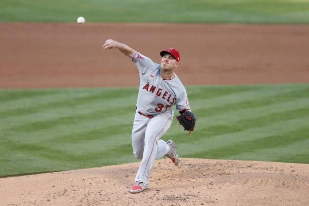 Dylan Bundy of the Los Angeles Angels pitches in the bottom of the first inning against the Oakland Athletics at RingCentral Coliseum on June 14,...