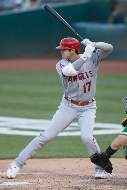 Shohei Ohtani of the Los Angeles Angels at bat in the top of the second inning against the Oakland Athletics at RingCentral Coliseum on June 14, 2021...